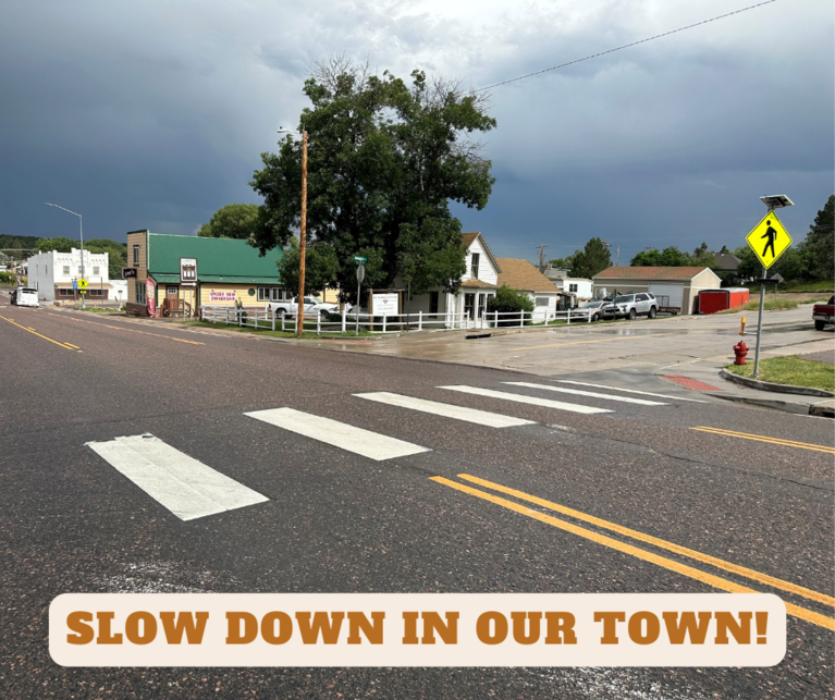 A crosswalk in a street with the caption "Slow Down in Our Town!"