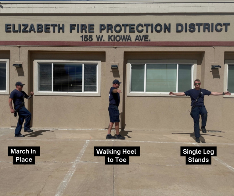 Firefighters doing balance exercises with the captions "March in Place," "Walking Heel to Toe," and "Single Leg Stands" describing the exercises