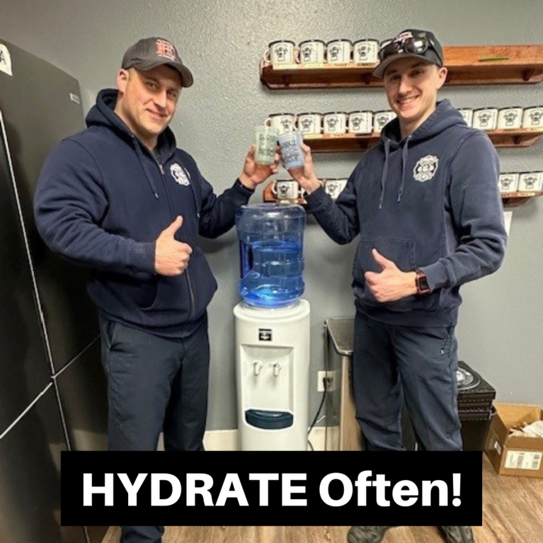 Firefighters standing in front of a water cooler, giving a thumbs up, and holding water cups with the caption "HYDRATE Often!"