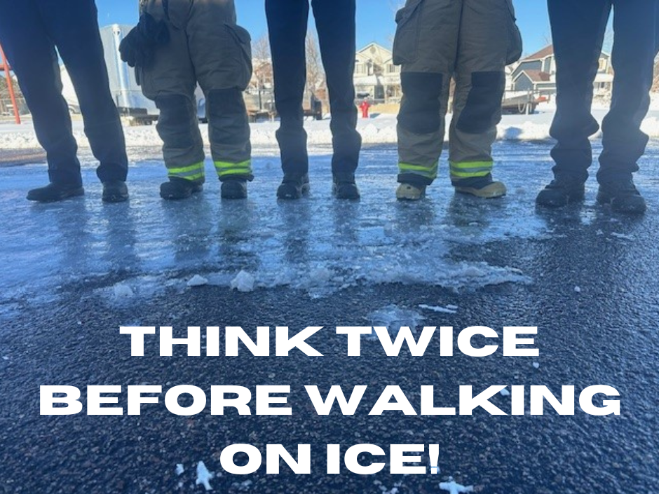 Firefighters standing on ice with the focus on their feet with the caption "Think Twice Before Walking on Ice!"