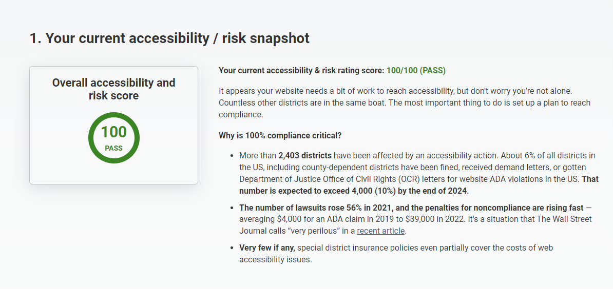 Accessibility/risk snapshot on Check My District for EFPD’s accessibility and risk score