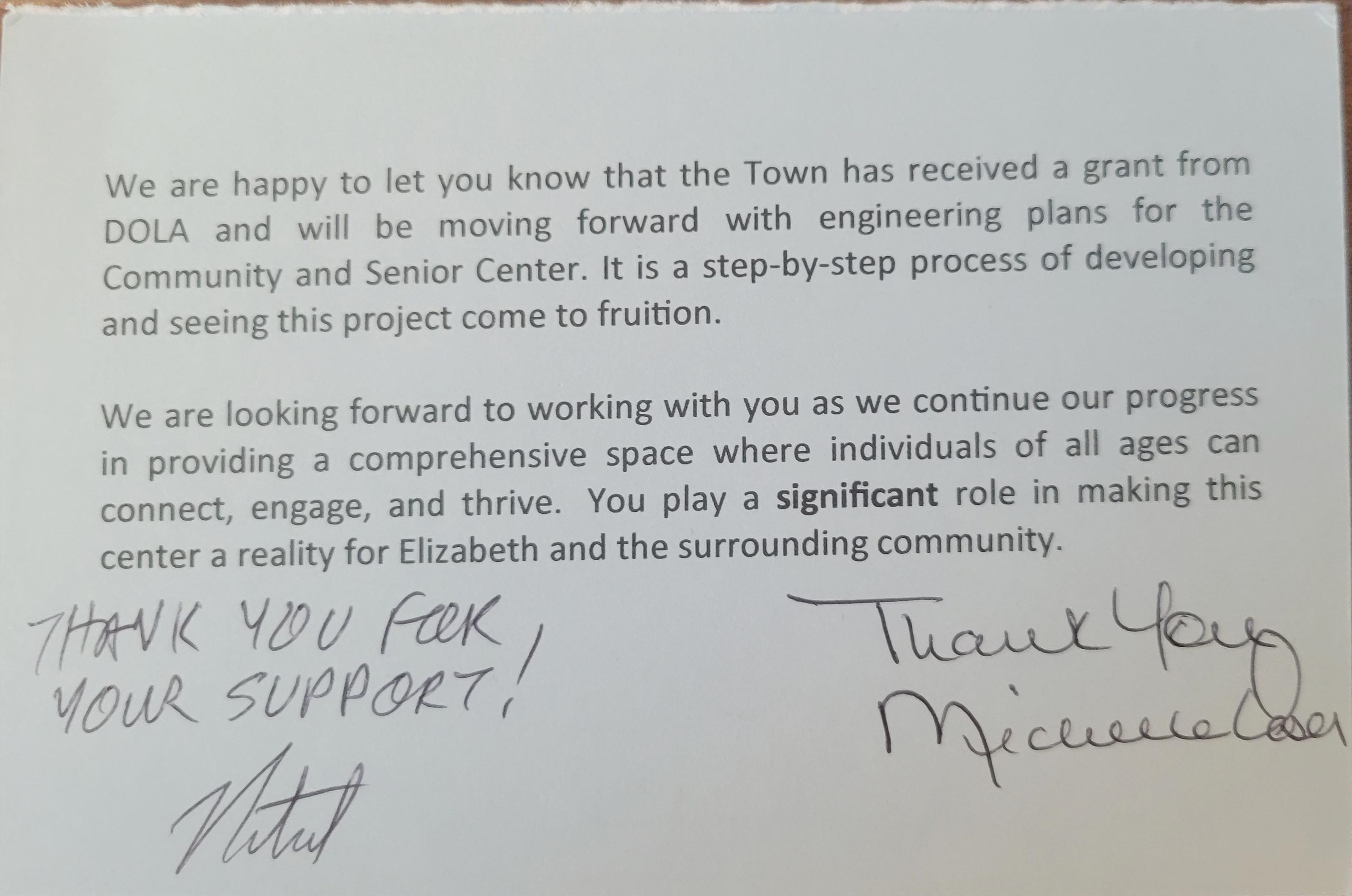 Thank you card from the Town of Elizabeth for support with a DOLA grant