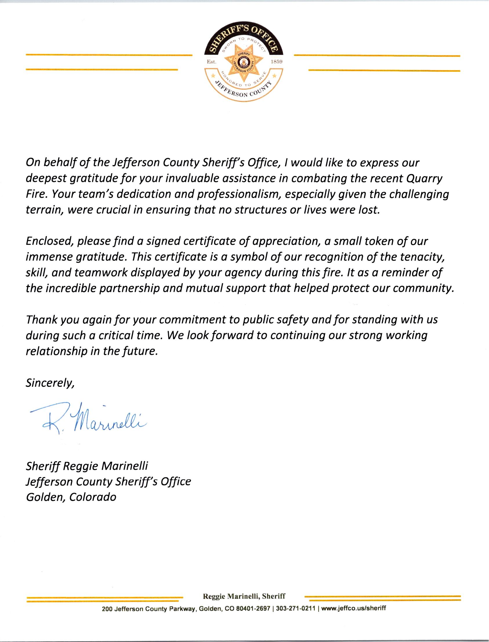 Letter from Jefferson County Sheriff’s Office thanking the District for the help during the Quarry Fire