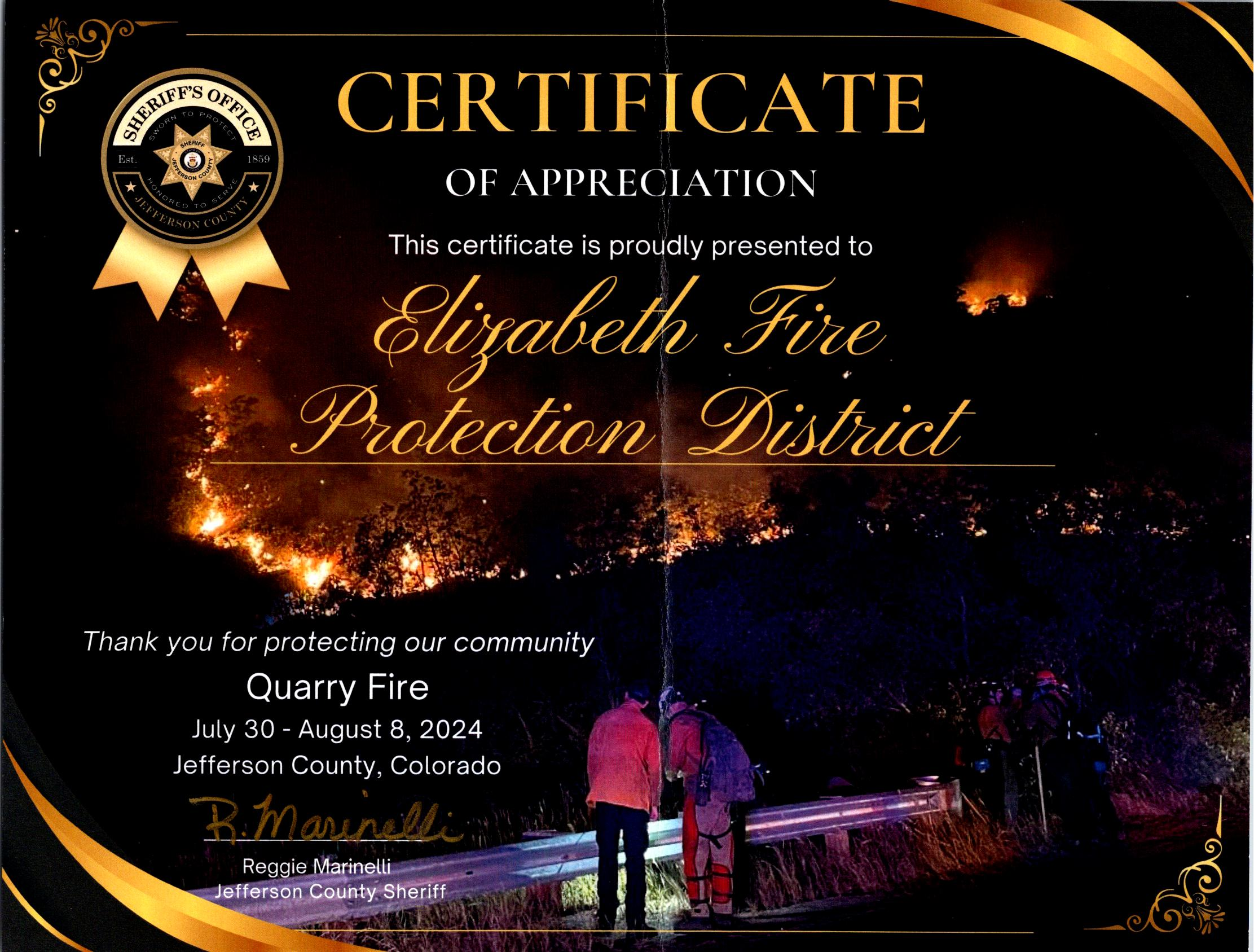 Certificate of Appreciation for participation in the Quarry Fire