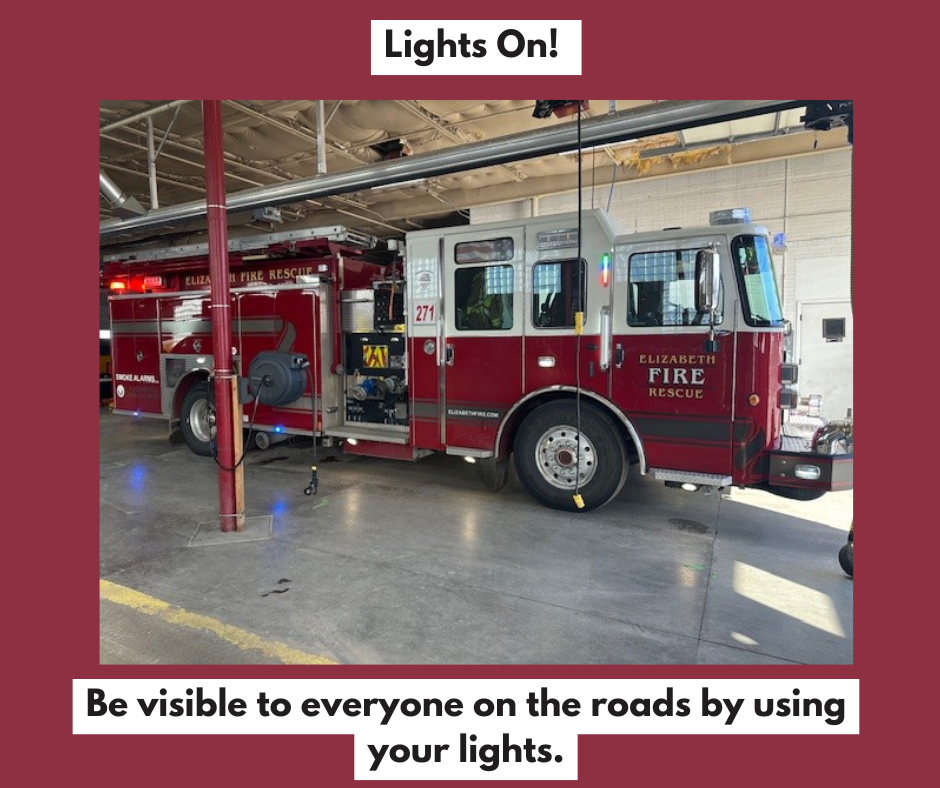 Engine with lights on with the caption "Lights On! Be visible to everyone on the road by using your lights."