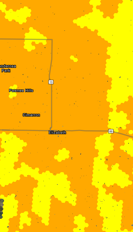 A portion of the Elizabeth Fire Protection District from the 2025 Colorado Wildfire Resiliency Code Map, showing the current risk of the District