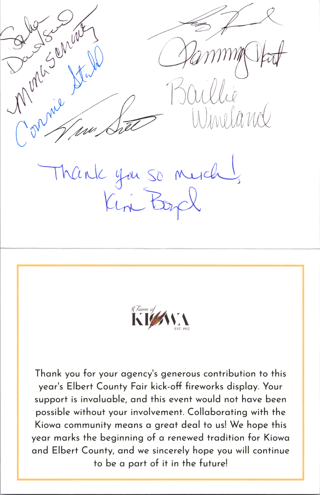 Correspondence received from the Town of Kiowa thanking the District for Elizabeth Fire crew assistance during the Elbert County Fair’s kick-off fireworks display