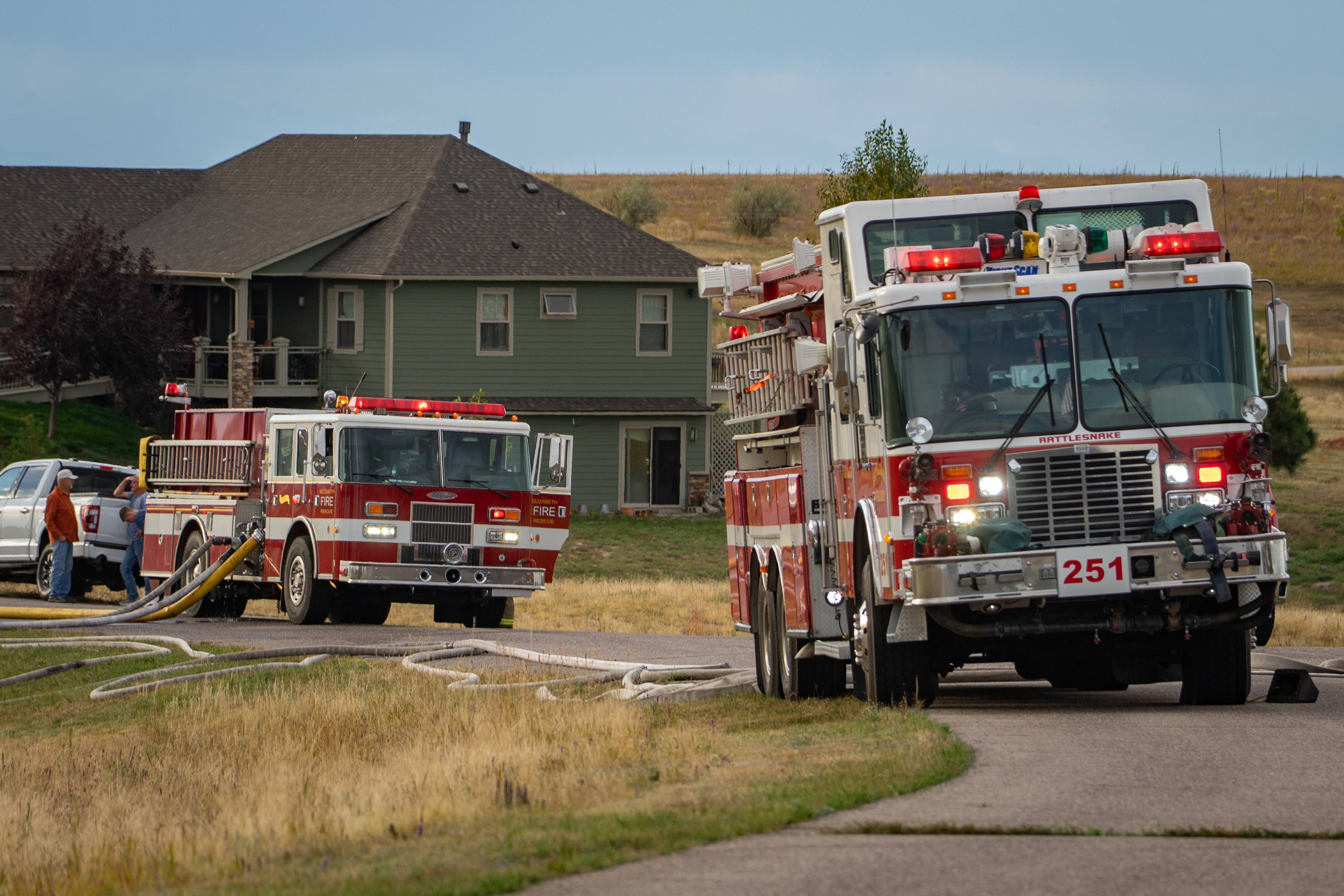 Elizabeth Fire, Rattlesnake Fire, and South Metro Fire apparatus and crews on a structural fire - Photos taken by Ethan Dunlop / 303firephotography