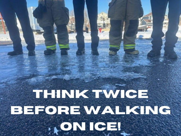 Photo of firefighters standing on ice with the caption "Think Twice Before Walking on Ice!"