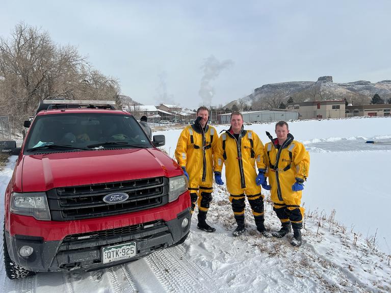 Photo of STO Einarsen, STO Tyler, and Paramedic Johnson at Ice Rescue Specialist training