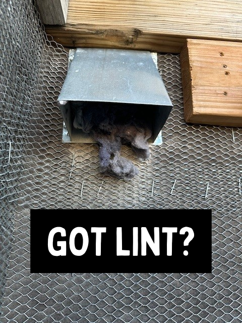 A dryer vent with lint blockage and the caption "Got Lint?"