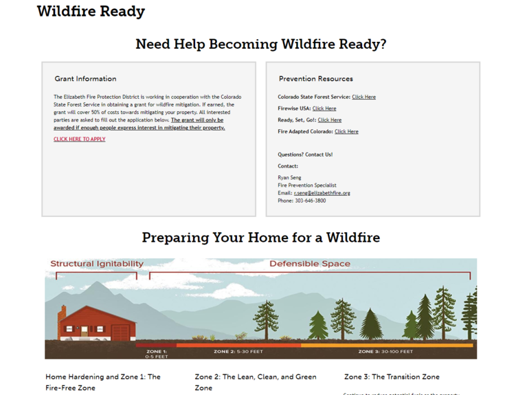 Photo of part of the Elizabeth Fire Protection District’s  “Wildfire Ready” webpage